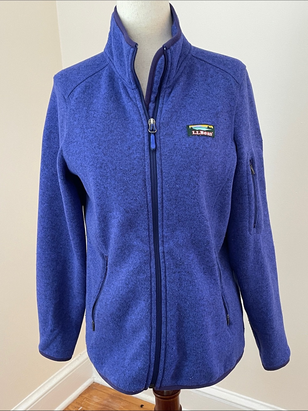 L.L.Bean Sweater Fleece Full Zip Jacket Blue Heather Petite Small Logo Zip Pocke